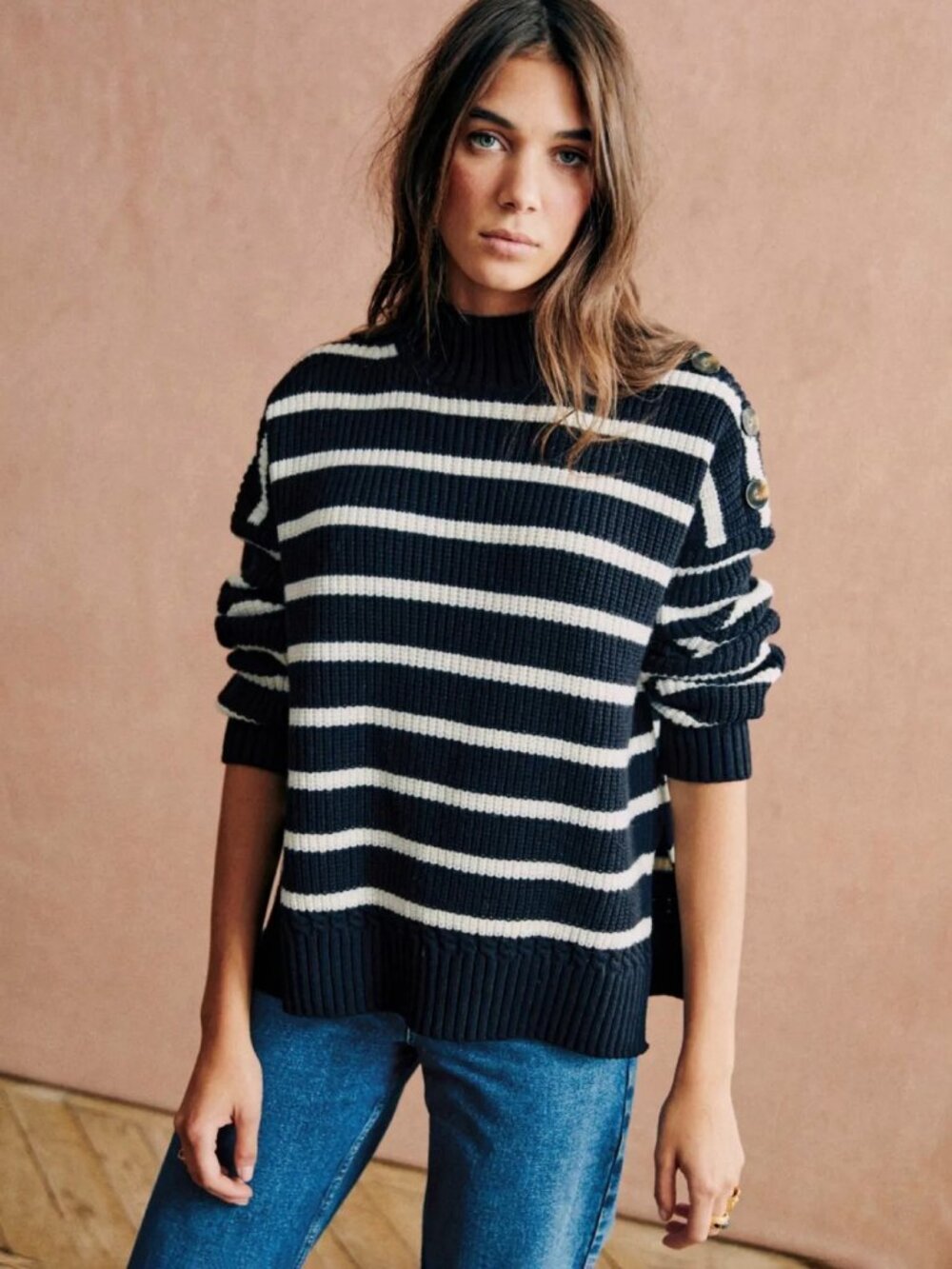 New Sezane Adrian Wool Cotton Striped Sweater Navy White XS